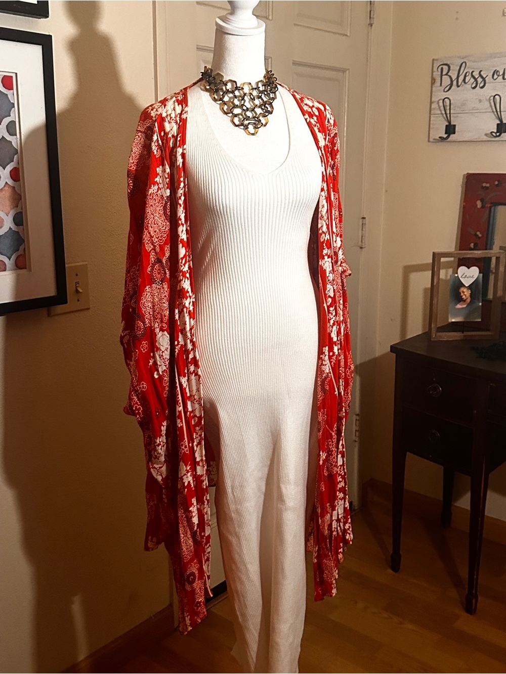 Angie Red Floral Open-Front Kimono Duster
